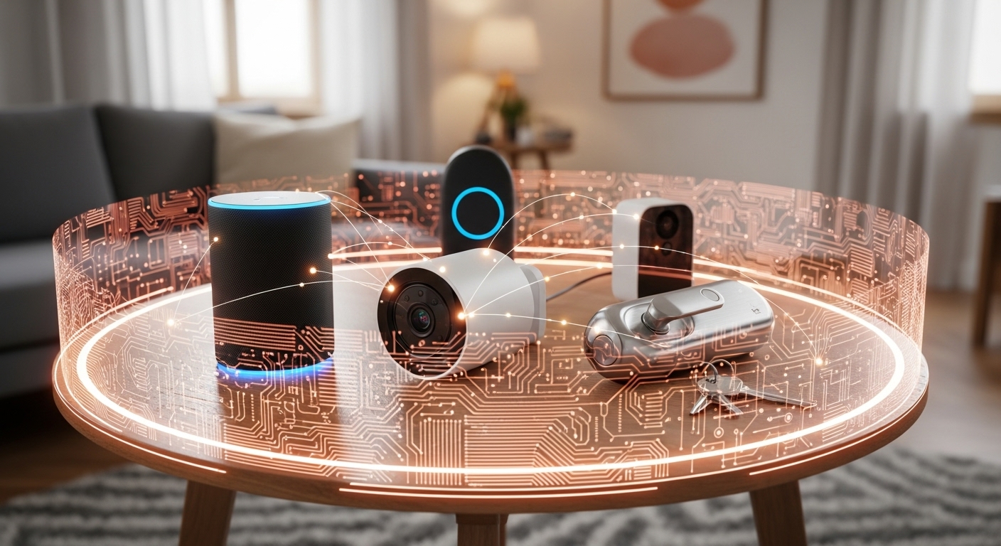 스마트 스피커, 보안 카메라 등 스마트 홈 기기들이 디지털 보호막에 둘러싸여 안전하게 연결된 모습. IoT 기기 보안의 중요성을 나타냅.