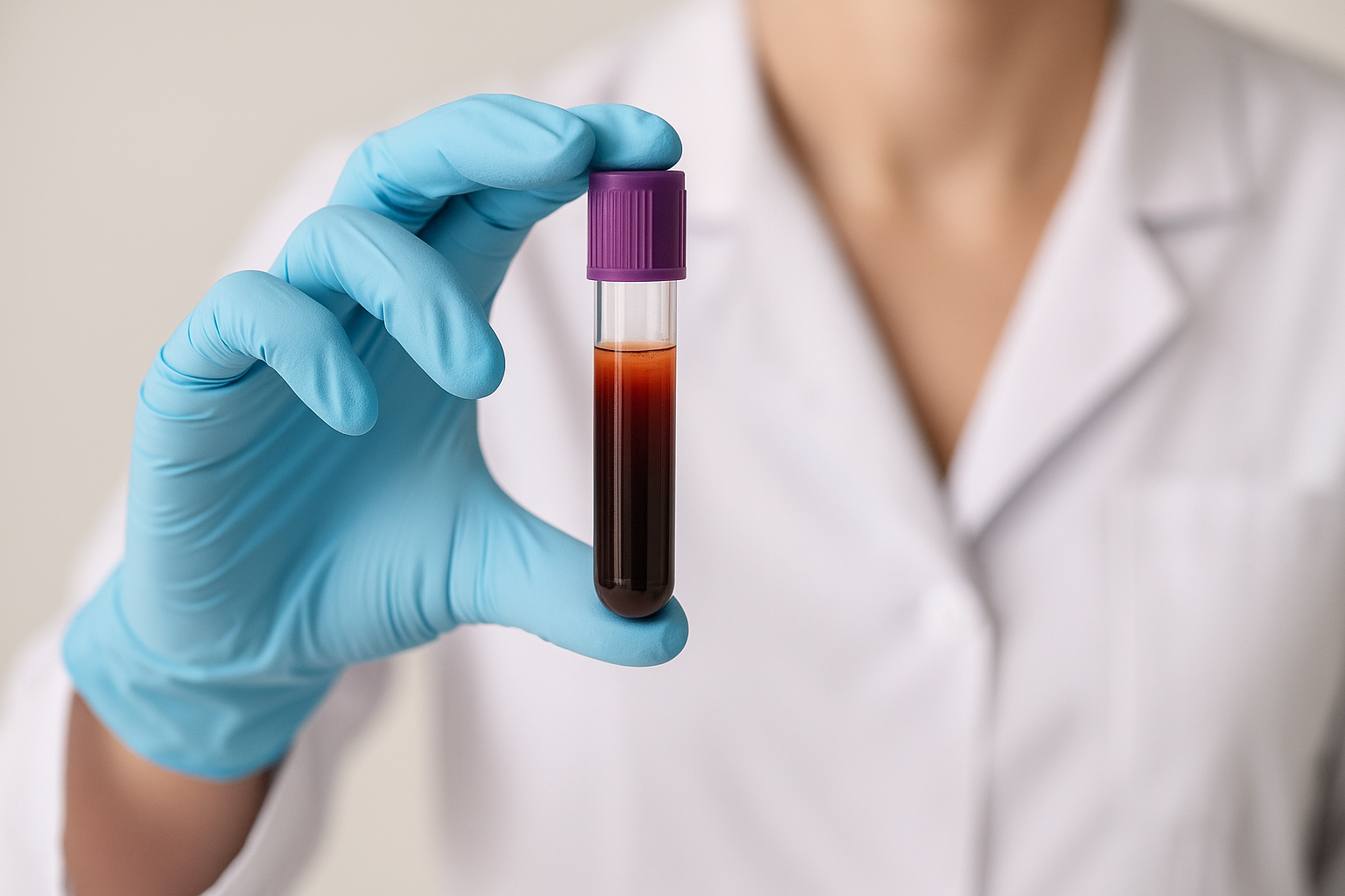 채혈 후 혈액 샘플이 담긴 시험관을 들고 있는 간호사의 손
