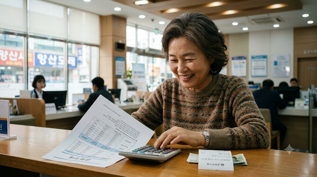 은행 창구에서 정기예금 금리표를 보며 흐뭇해하는 50대 여성과, 그 옆에 놓인 영수증과 계산기