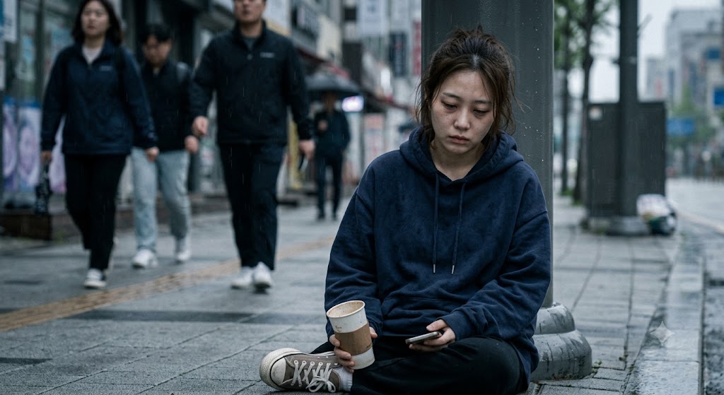 거리에서 피곤한 표정으로 스마트폰을 들고 앉아 있는 후드티 차림의 여성