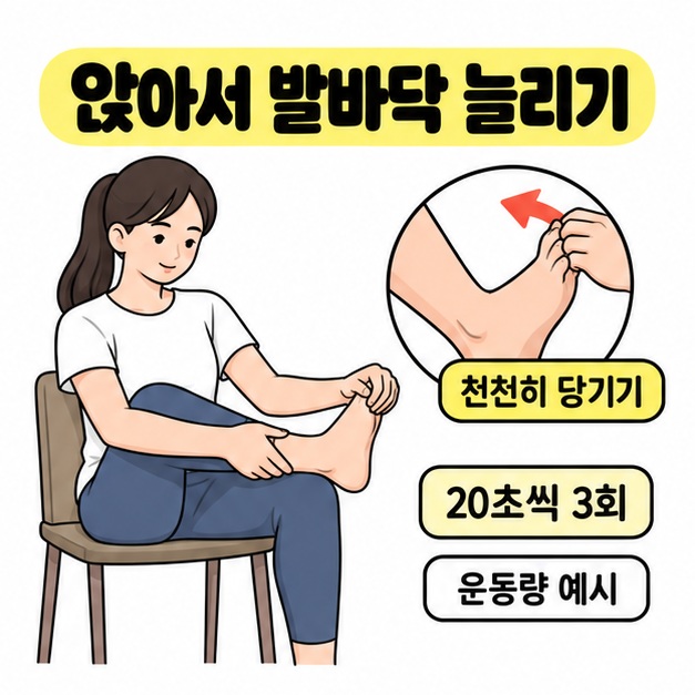 의자에 앉아 한쪽 발목을 반대 무릎 위에 올리고 발가락을 천천히 당기는 자세와 20초씩 3회 운동량 예시