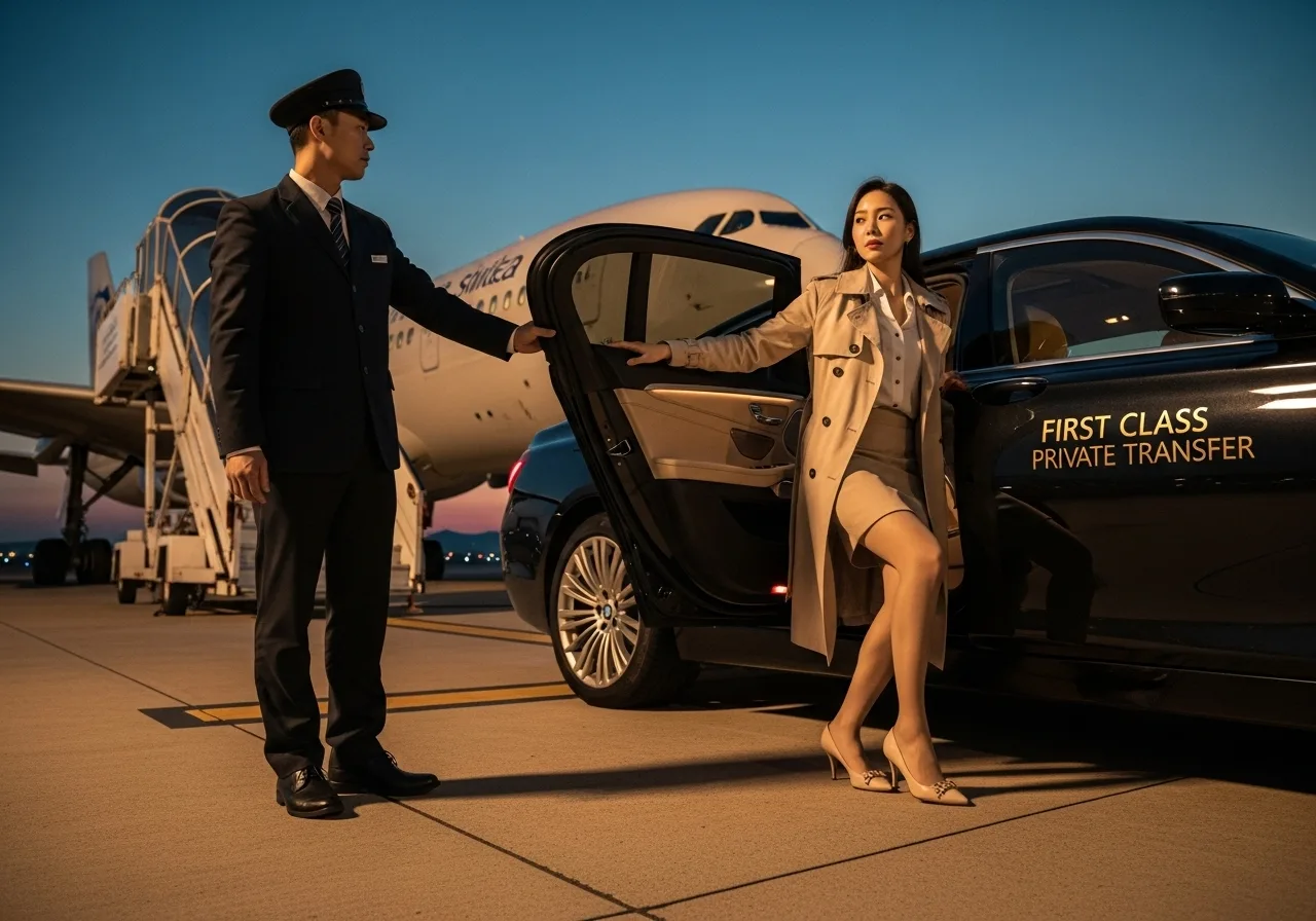 공항 활주로에서 젊은 한국인 여성이 거대한 비행기를 배경으로, BMW 7 시리즈에서 내리고 있다