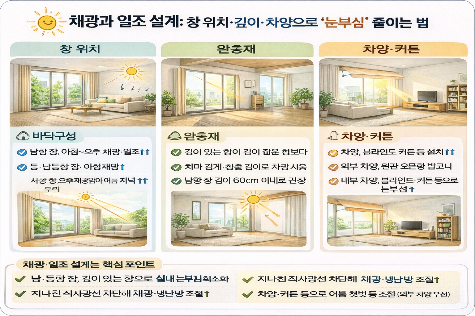 채광과 일조 설계: 창 위치&middot;깊이&middot;차양으로 &lsquo;눈부심&rsquo; 줄이는 법(채광, 일조, 차양)