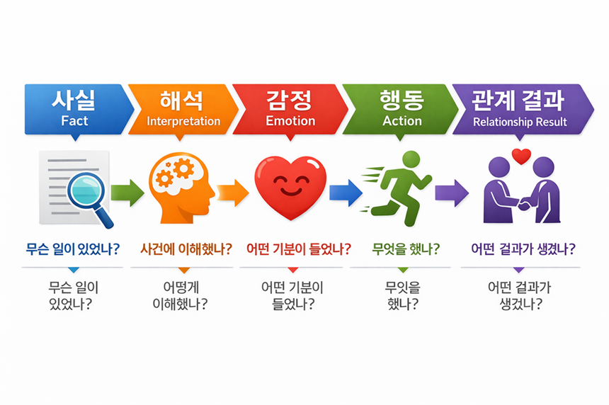 확증편향이 관계 해석을 고정시키는 과정(사실-해석-감정-반응) 도식 이미지