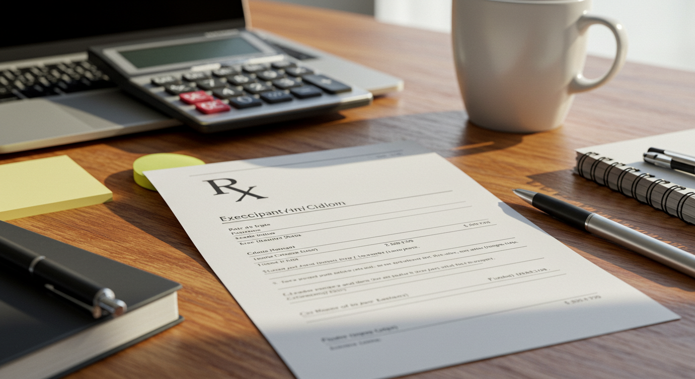 커피잔&amp;#44; 계산기&amp;#44; 의료비 영수증이 놓인 책상 위에서 위고비 비용을 계산하는 한국 직장인