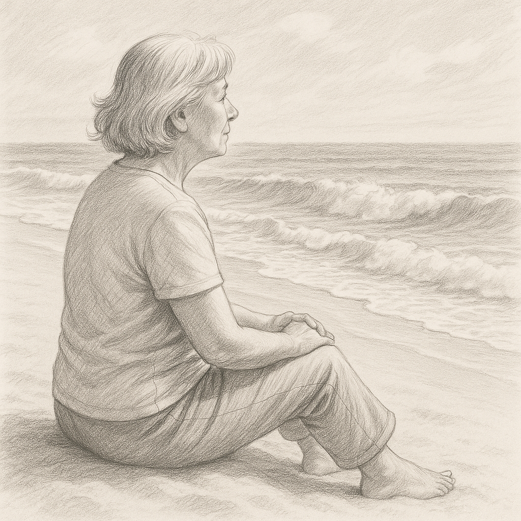 강릉 바다 해변에 앉아 파도를 바라보는 60대 여성, 밝은 햇살과 부드러운 연필 드로잉 스타일, 챗지피티 그림