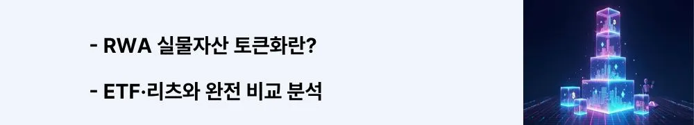 'RWA 실물자산 토큰화란? ETF·리츠와 완전 비교 분석'이라는 문구가 포함된 웹배너 이미지. 이 이미지는 실물 자산 토큰화(RWA)의 기본 개념과 전통 금융상품인 ETF·리츠와의 핵심 차이점을 시각적으로 전달하며, 블로그의 블록체인 기반 자산 토큰화 주제와 관련된 내용을 설명함 (Real World Assets tokenization concept, comparison with ETF and REITs)
