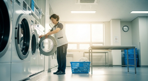 세탁물 정리하는 직원&amp;#44; 요양원 내부 모습&amp;#44; 한국