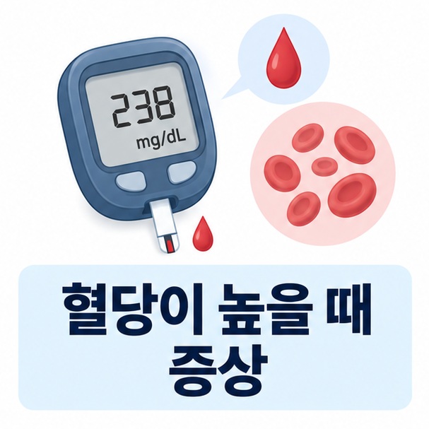 혈당이 높을 때 증상과 혈당 측정을 함께 보여주는 건강 안내 이미지