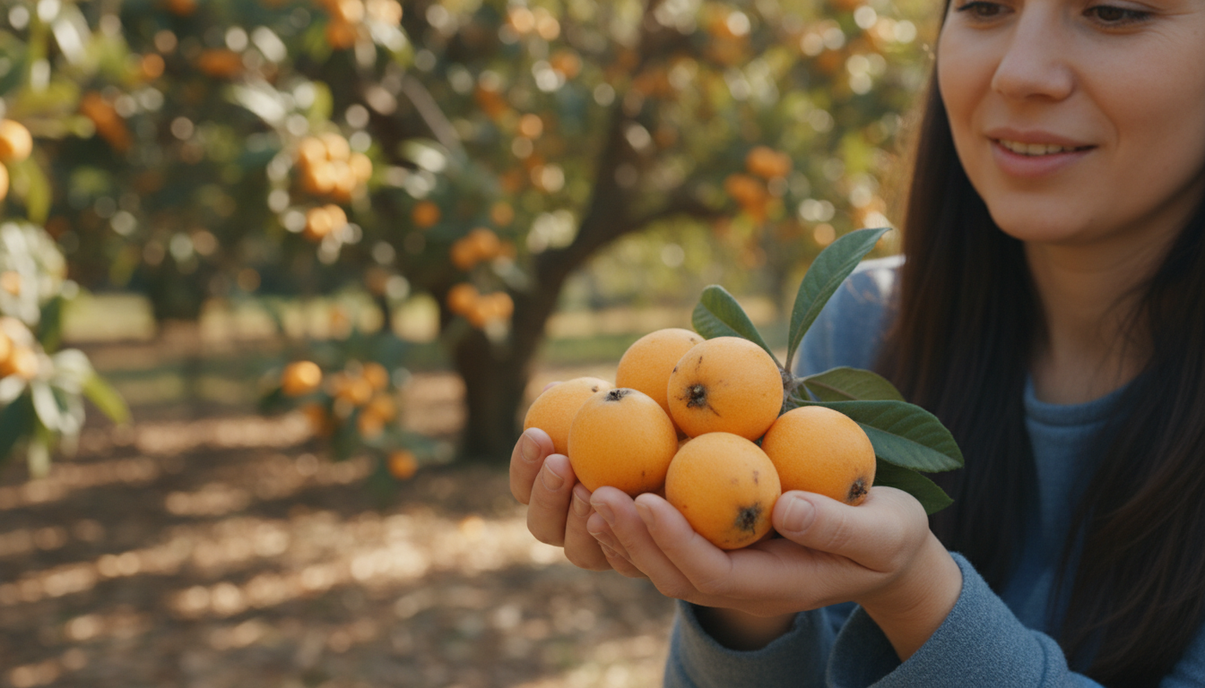 신선하게 수확한 비파 열매를 들고 있는 사람의 모습.