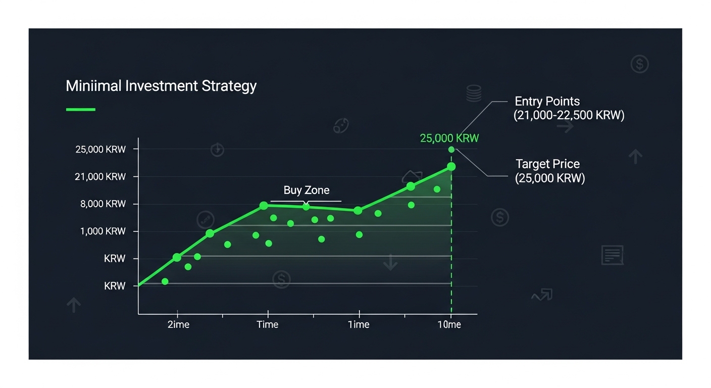 Minimal investment strategy infographic, stock price buy zone chart with entry points at 21000-22500 KRW and target price 25000 KRW, green upward trend line, dark navy background, clean financial dashboard style, 169