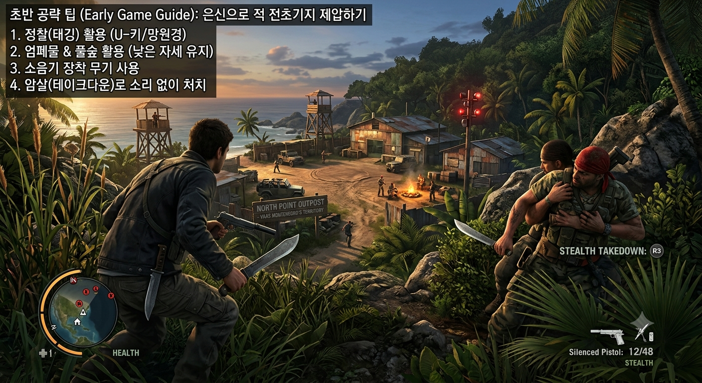 해적 전초기지에 은신으로 접근해 적을 제압하는 장면, 초반 공략 팁 예시 목적