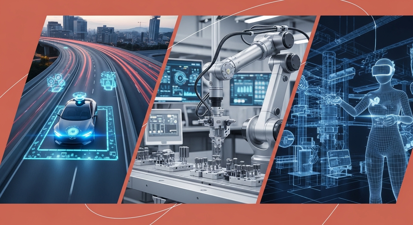 엔비디아 AI 기술이 적용된 자율주행차, 로봇, 메타버스 아바타를 보여주는 다채로운 이미지.