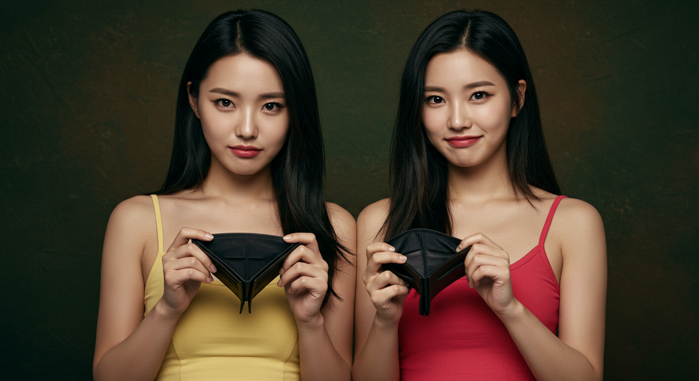 빈 지갑을 보여주는 여성 두명