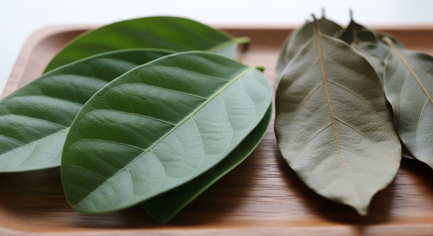 초록빛 생바나바잎과 연한 갈색의 건조 바나바잎이 질감의 차이를 뚜렷하게 보여주는 이미지.