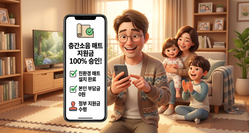 소음방지 매트 시공 정부지원사업을 알게 되어 기쁜상황을 재현한 캐릭터 이미지