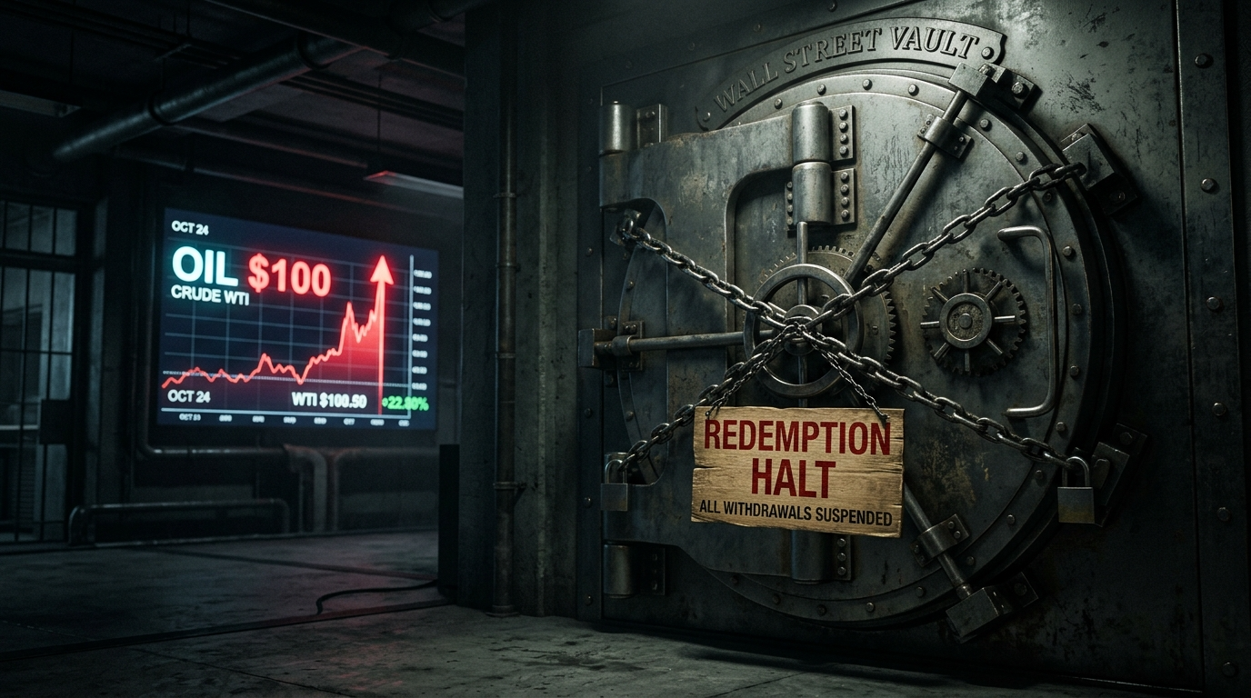굳게 닫힌 월스트리트의 은행 문 뒤로 '환매 중단' 팻말이 걸려 있고, 그 너머로 유가 100달러를 가리키는 붉은 그래프가 불타오르는 3D 일러스트