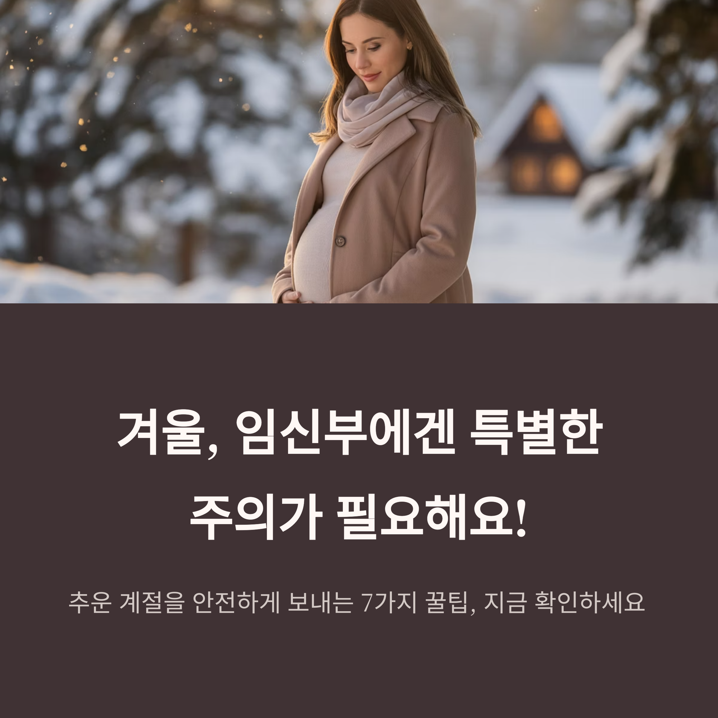 눈 내리는 배경 속에서 코트를 입은 임신부가 손으로 배를 감싸며 서 있는 모습과 함께, 겨울철 임신부를 위한 건강 관리 팁 안내를 담은 인트로 이미지