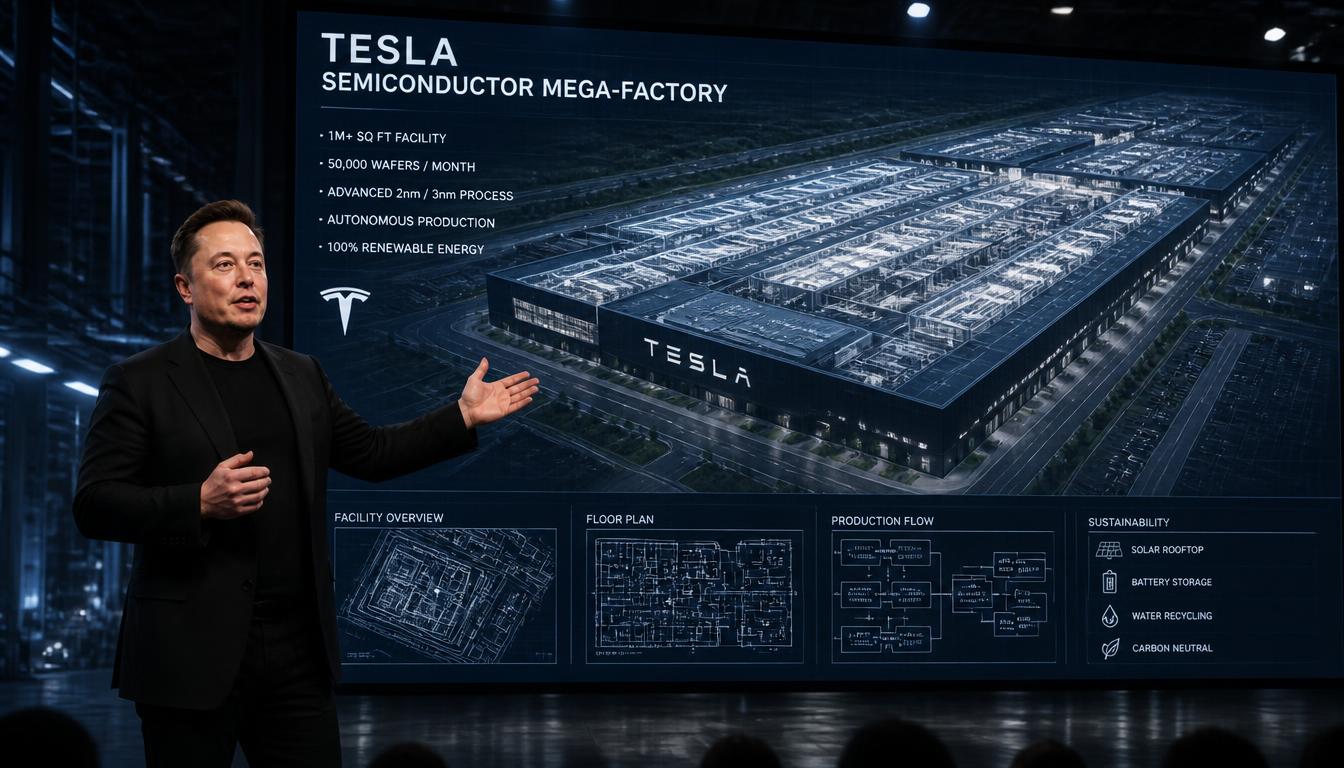 Elon Musk presenting a grand blueprint of a mega-scale semiconductor factory on stage.