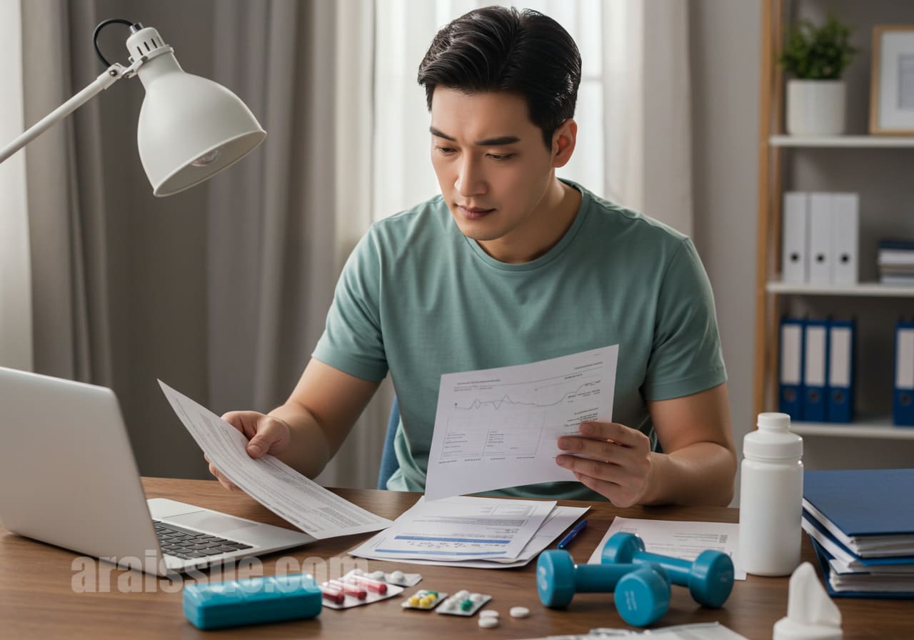 30대 한국 남성이 노트북과 건강검진 서류를 펼쳐 놓고 보험 가입을 위한 준비를 하고 있습니다. 조용한 현대식 거실 배경에서 진지한 표정이 인상적입니다.