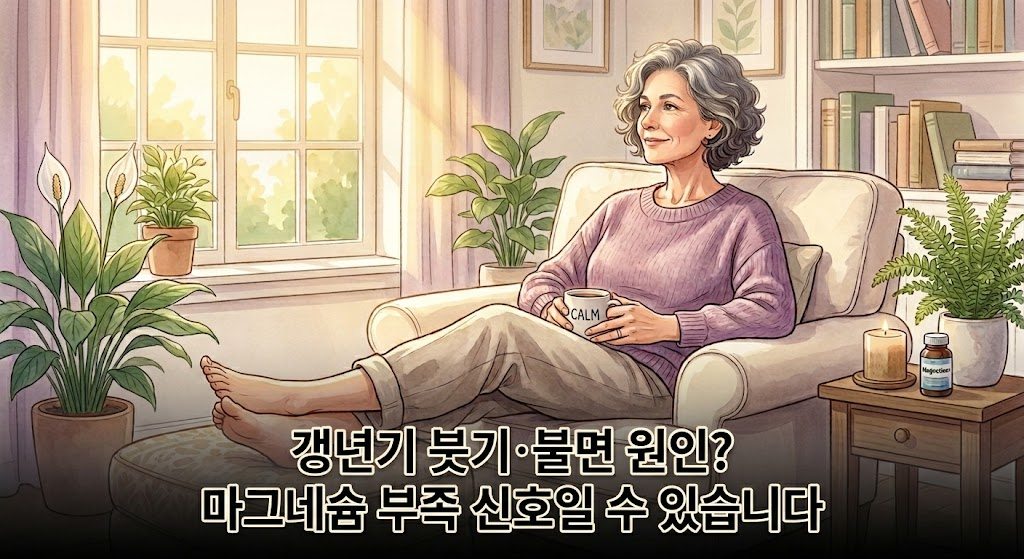 갱년기 여성의 불면과 다리 붓기 원인으로 마그네슘 부족을 설명하는 이미지