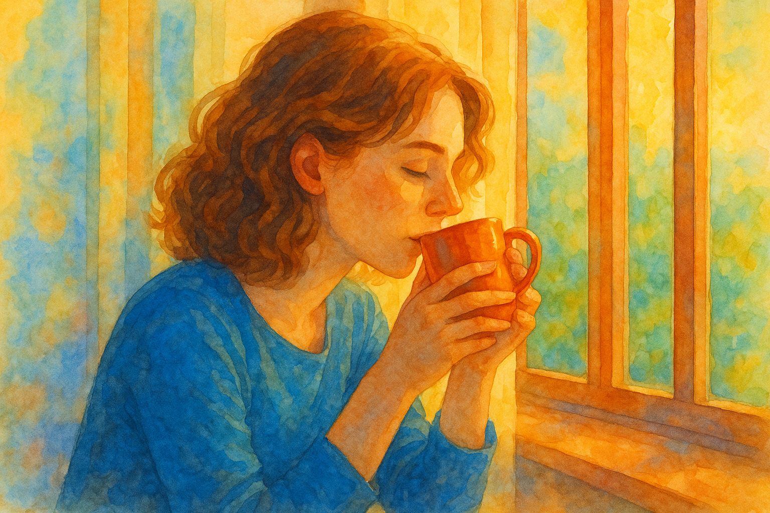 창가에서 차를 마시는 여인