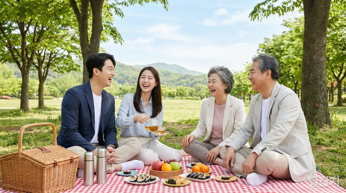 가족들이 공원에서 피크닉을 즐기며 행복한 시간을 보내는 모습