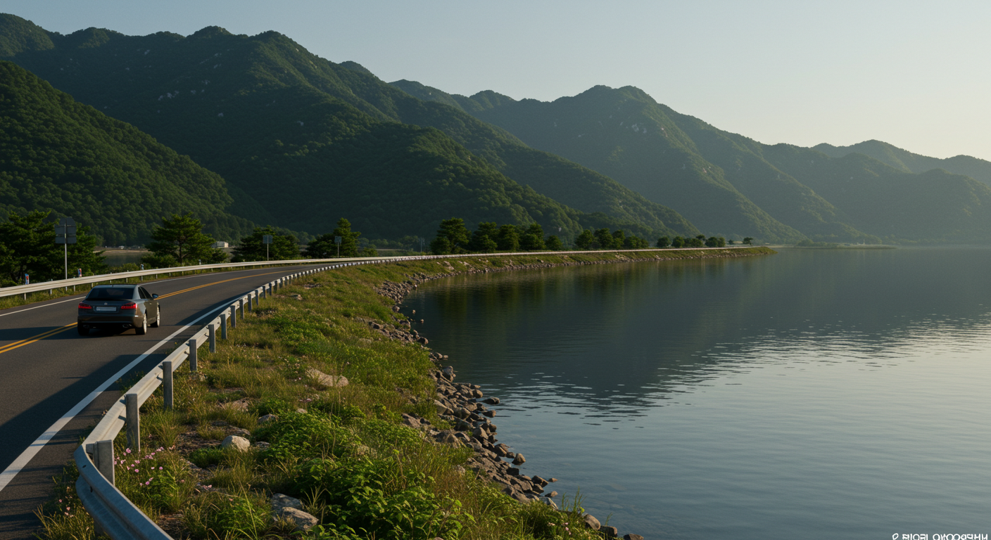 춘천 소양강을 따라 호수 옆을 달리는 차량