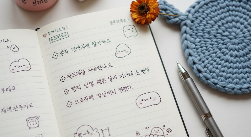 손글씨로 감정이 적힌 펼쳐진 일기장과 주변의 아기자기한 소품들, 마음의 안정을 주는 이미지