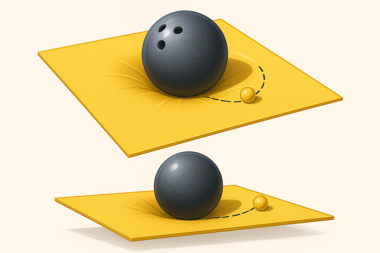 중력을 설명하기 위한 고무 천과 볼링공 실험 일러스트