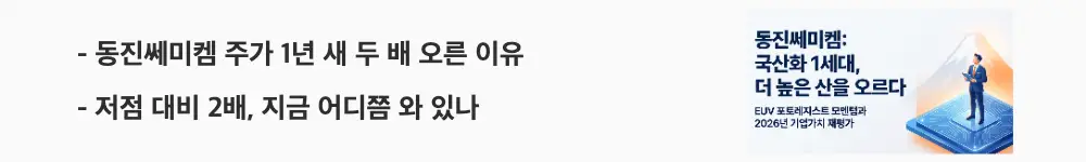 ‘동진쎄미켐 주가 1년 새 두 배 오른 이유’라는 문구가 포함된 웹배너 이미지. 이 이미지는 동진쎄미켐 주가가 저점 대비 약 두 배로 상승한 흐름을 시각적으로 전달하며, 블로그의 동진쎄미켐 주가 전망 분석과 관련된 내용을 설명함