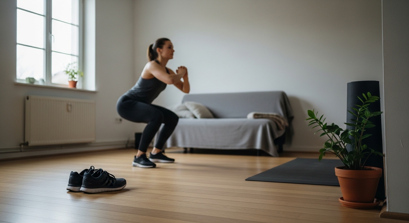거실에서 스쿼트를 하고 있는 여성의 모습