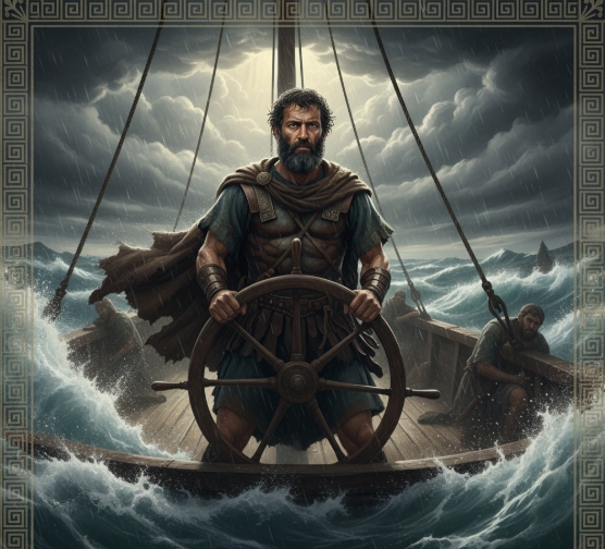 거친 파도와 시련에 맞서는 영웅 오디세우스 일러스트