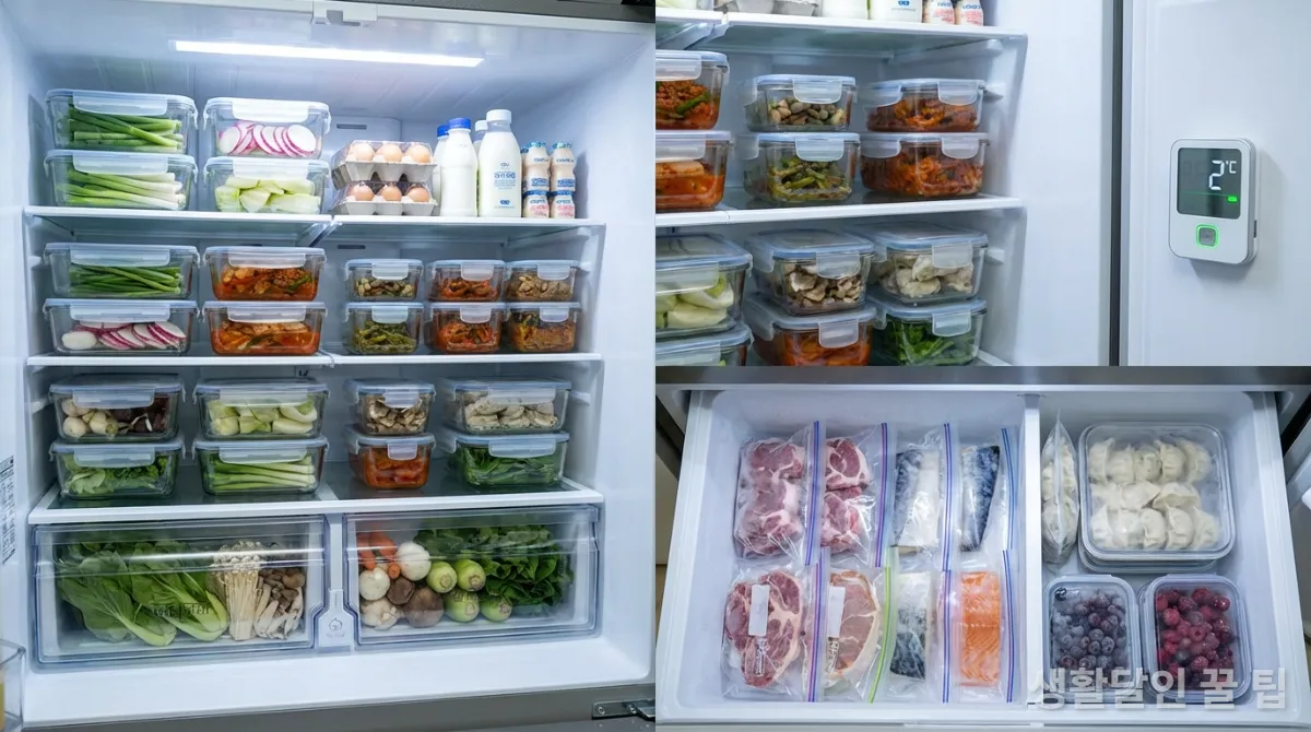 식재료별로 깔끔하게 정리된 한국 가정의 냉장고 내부