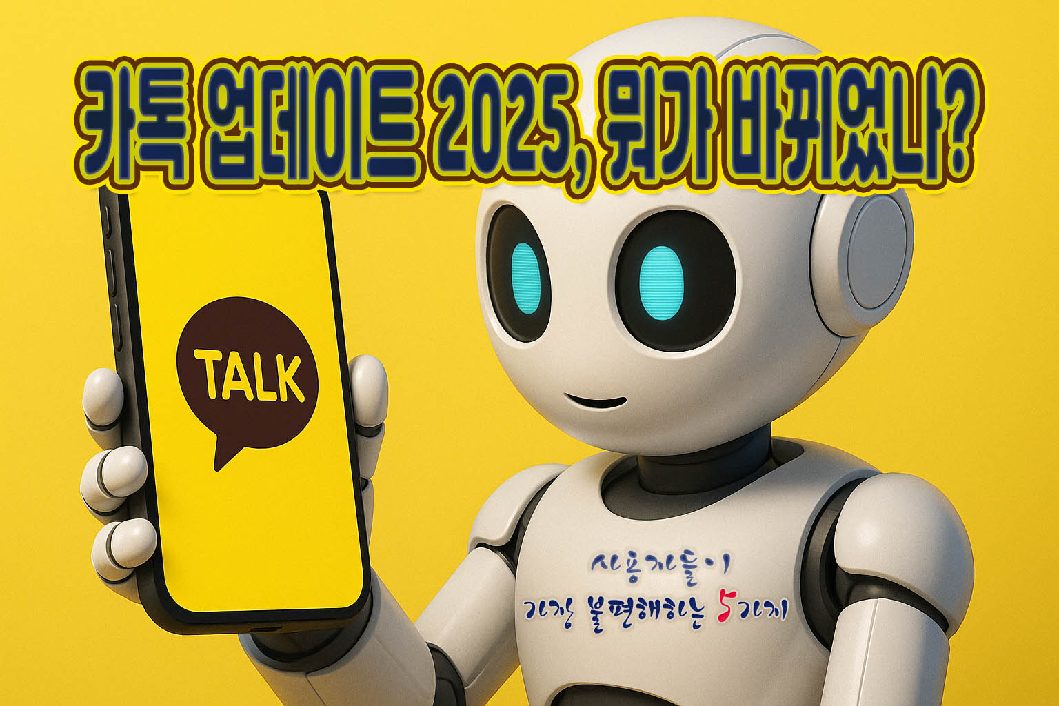 로봇이 'TALK' 로고가 있는 스마트폰을 들고 있으며, '카톡 업데이트 2025, 뭐가 바뀌었나?'라는 문구가 있는 이미지.