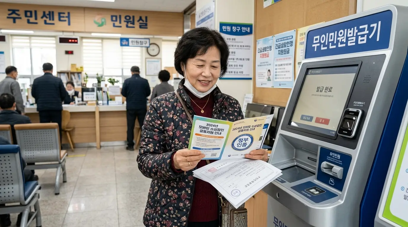 동네 주민센터 무인 민원 발급기 앞에서 서류를 떼며 모바일 금융 팸플릿을 유심히 읽어보는 50대 여성