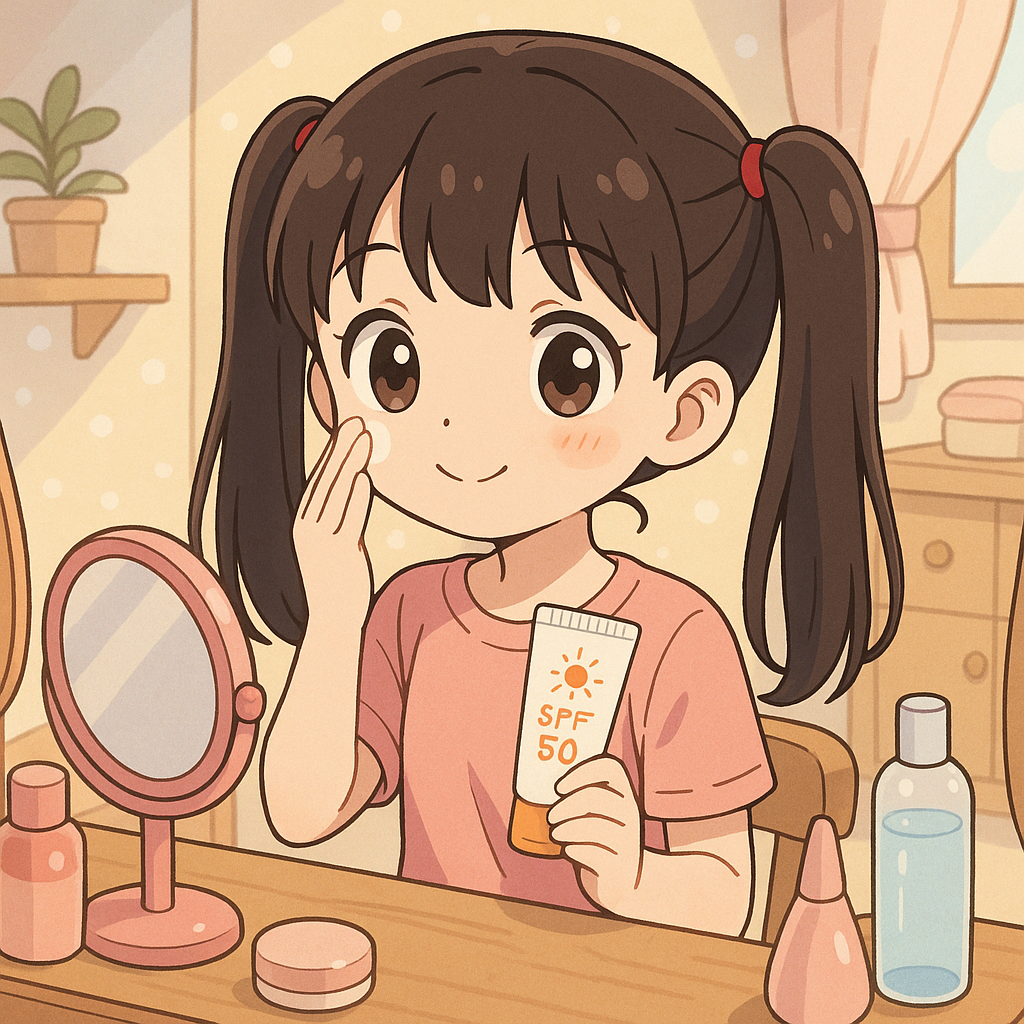 화장대 앞에서 분홍색 티셔츠를 입은 소녀가 거울을 보며 SPF 50 선크림을 얼굴에 바르는 애니메이션 스타일 일러스트