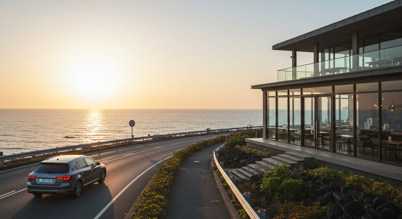 제주 해안도로를 따라 석양을 감상하는 드라이브와 바다뷰 카페