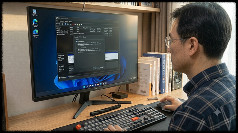 윈도우에서 USB 저장장치의 빠른 제거와 향상된 성능 정책을 확인하는 모습