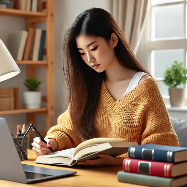 집중해서 공부하는 젊은 아시아 여성