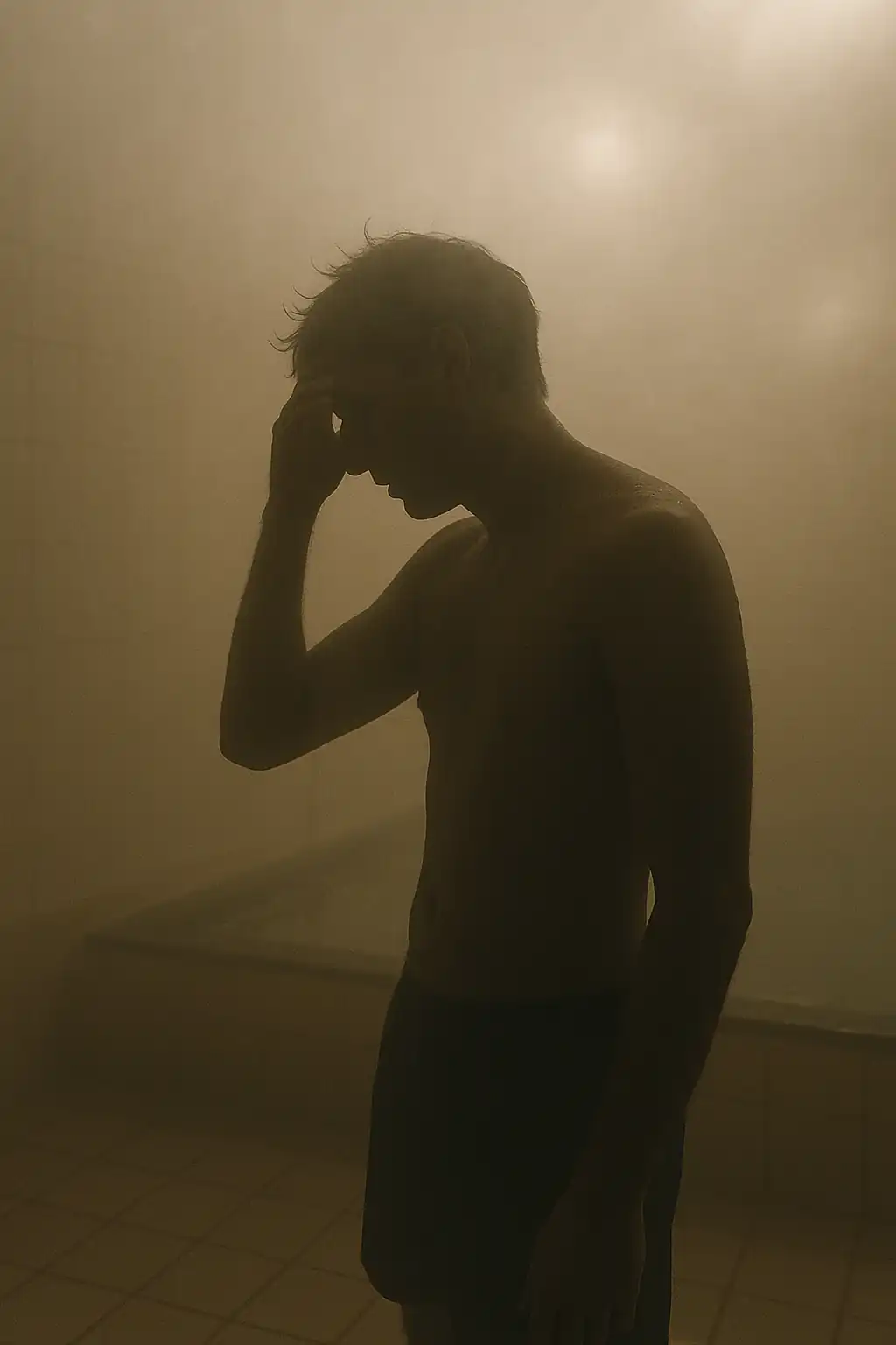 김이 자욱한 목욕탕에서 갑작스러운 어지럼증을 느끼는 사람의 모습을 실루엣으로 표현한 이미지