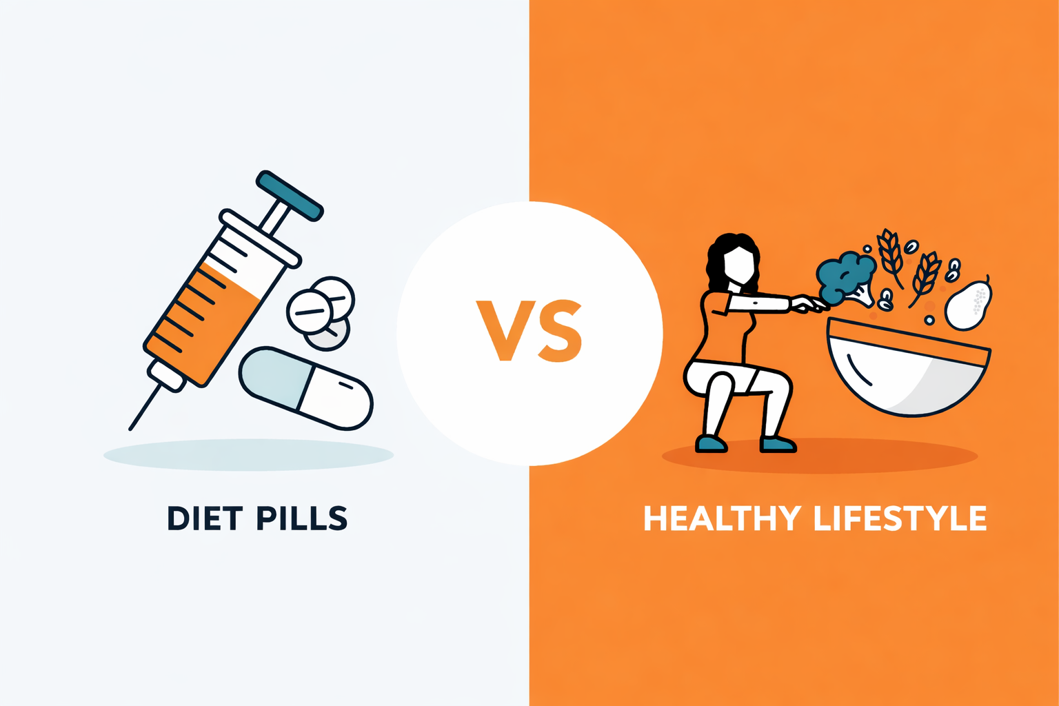 다이어트 약 중심 감량 방식과 스쿼트 운동 및 식단 관리로 대표되는 건강한 생활습관을 대비해 보여주는 비교 이미지.