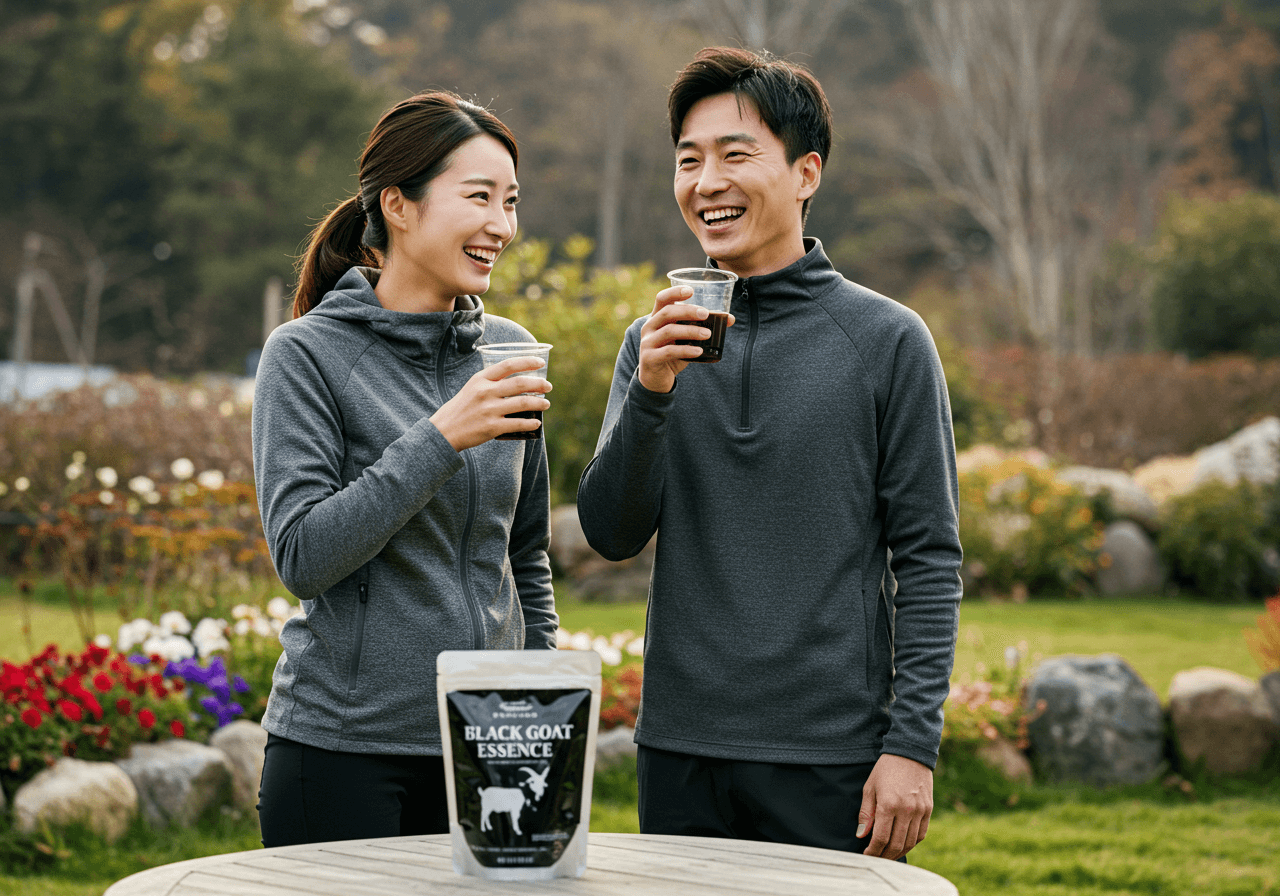 운동 후 야외 정원에서 흑염소 진액 파우치를 테이블에 두고 컵에 따라 마시는 30~40대 한국인 부부의 건강한 모습