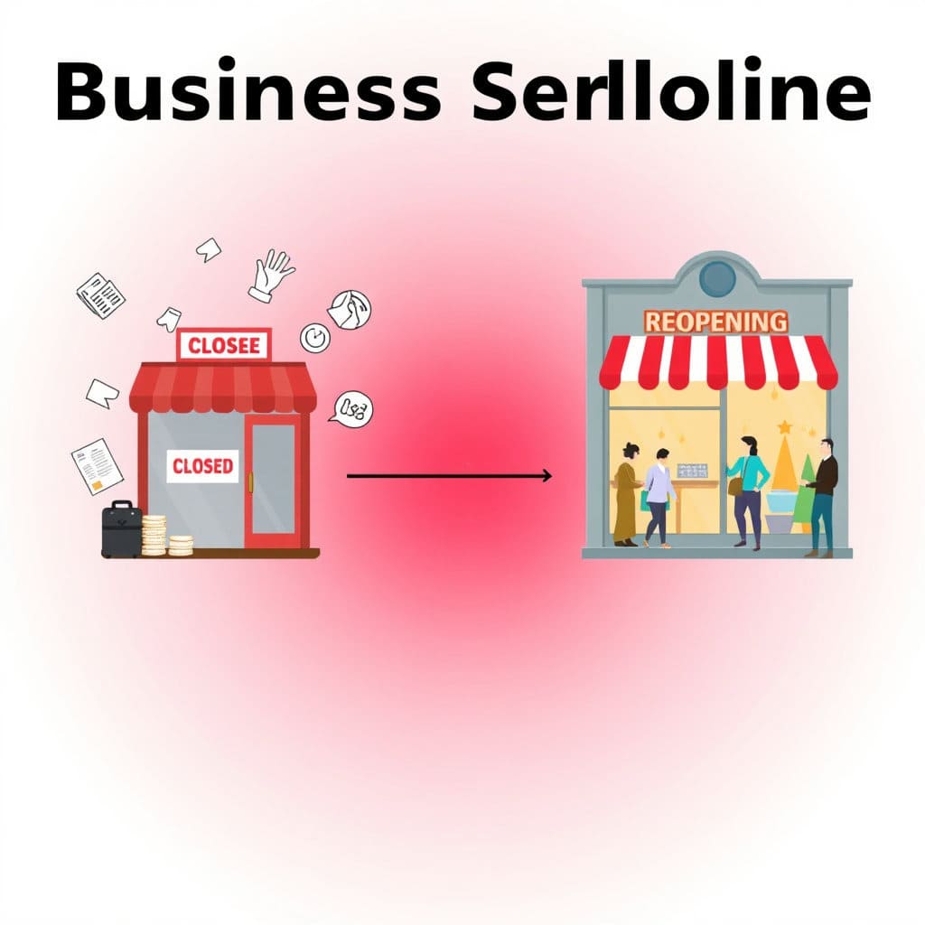 '폐업'에서 시작하여 여러 단계를 거쳐 '재창업'으로 이어지는 화살표나 흐름도 형태의 이미지. 각 단계마다 상담, 자금 지원, 컨설팅 등 지원 내용을 아이콘으로 표현할 수 있습니다.