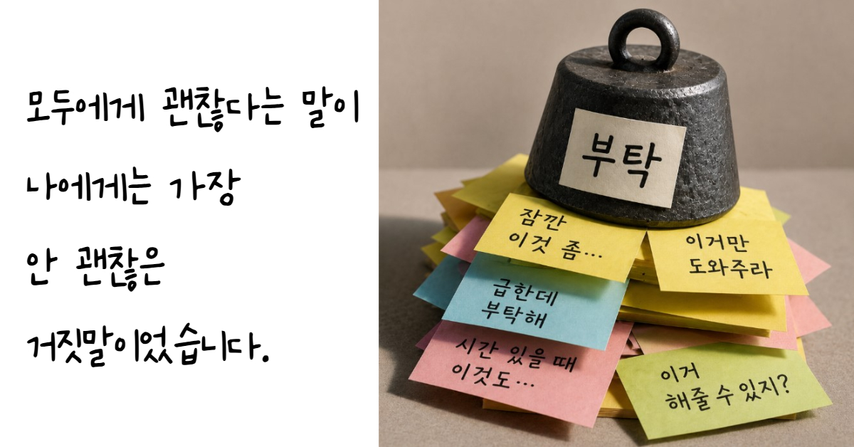 무거운 추 아래 쌓인 부탁 메시지들을 통해 거절 불안과 감정 노동의 무게를 표현한 이미지