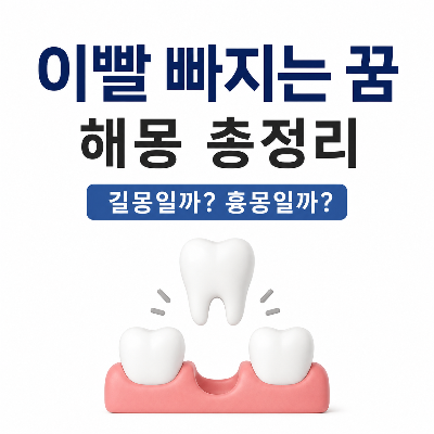 이빨 빠지는 꿈 해몽 총정리 썸네일 이미지. 빠진 치아 그림과 함께 윗니, 아랫니, 앞니, 어금니가 빠지는 꿈의 의미와 길몽&middot;흉몽 해석을 소개하는 꿈해몽 콘텐츠.