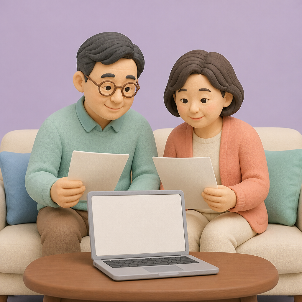 거실 소파에서 노트북을 펼치고 서류를 확인하는 50대 부부
