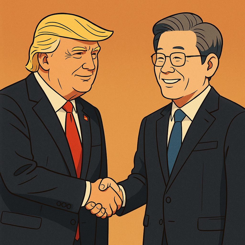 한미협상 타결에 관한 이재명 대통령과 트럼프 대통령의 악수하는 모습의 애니메이션 이미지