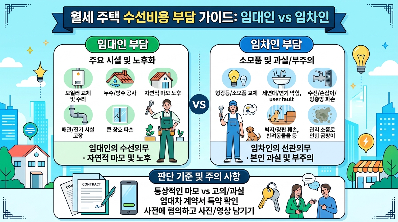 월세 집 수리비 부담 주체(임대인 vs 임차인) 가이드라인 이미지