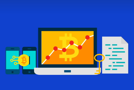 컴퓨터 화면, 핸드폰 화면에 코인 시세 그래프가 떠있는 그림